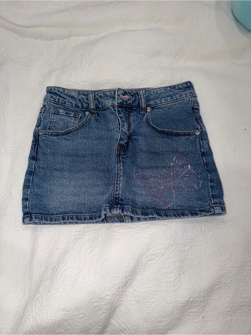 Dark Blue Denim Mini Skirt with Pink Butterfly Detail